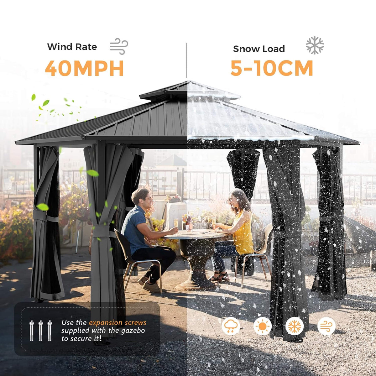 13' x 15' Hardtop Hexagonal Gazebo – Double‑Tier Aluminum Roof & All‑Weather Outdoor Pavilion