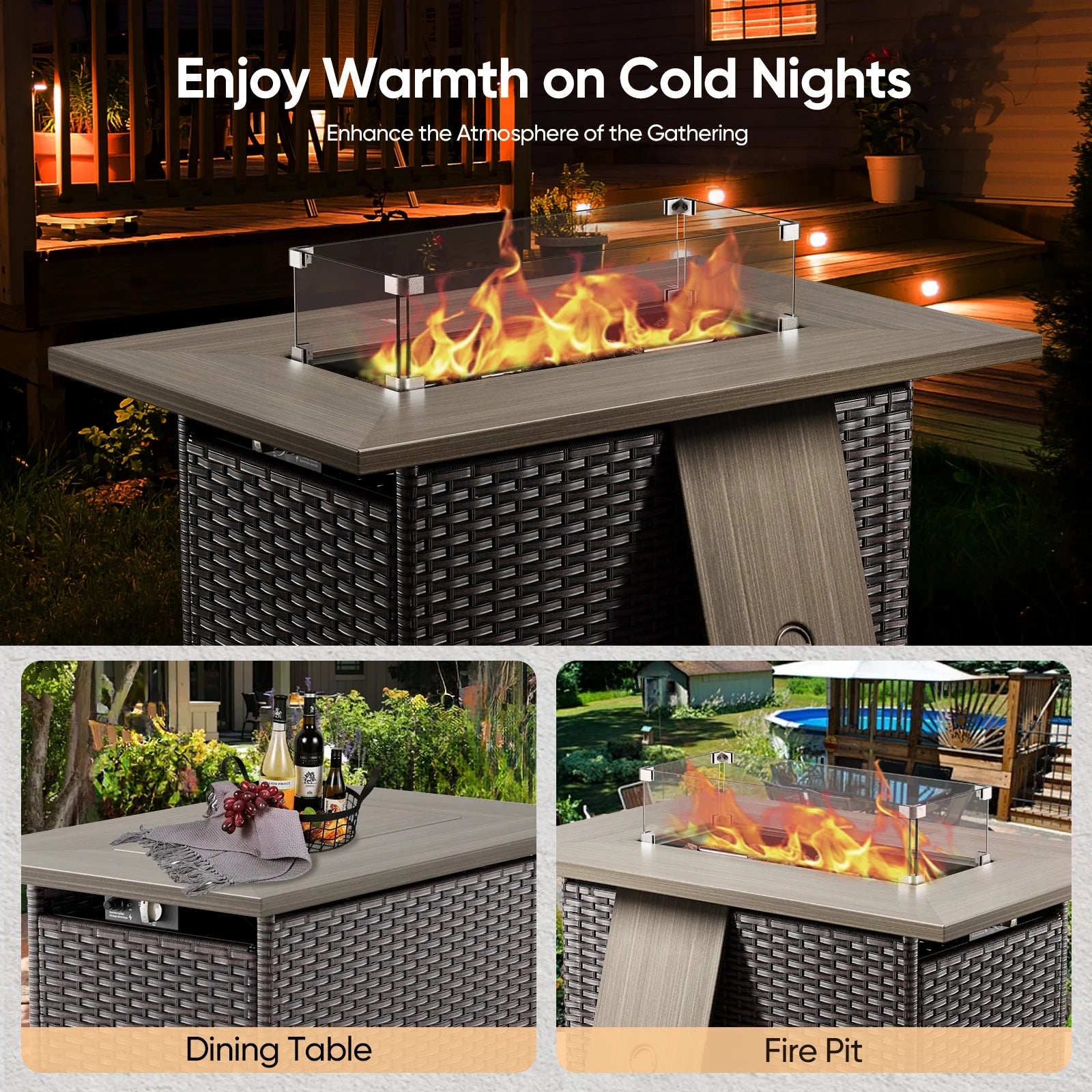5-Piece High Back Outdoor Wicker Conversation Set with Swivel Chairs, Ottoman & 50,000 BTU Fire Pit Table - Patio Furniture Set for Deck, Porch, Poolside