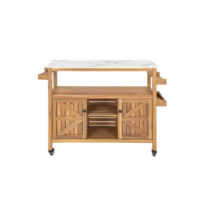 Acacia Wood Outdoor Bar Cart with Marble-Effect Worktop