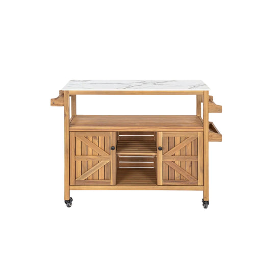 Acacia Wood Outdoor Bar Cart with Marble-Effect Worktop