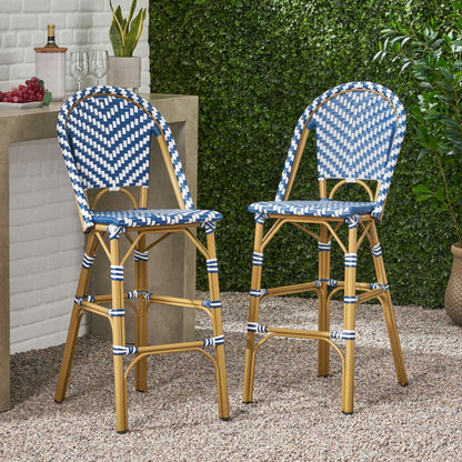 Outdoor French Rattan Barstool Set – Navy & White PE Wicker with Rust‑Resistant Aluminum Frame