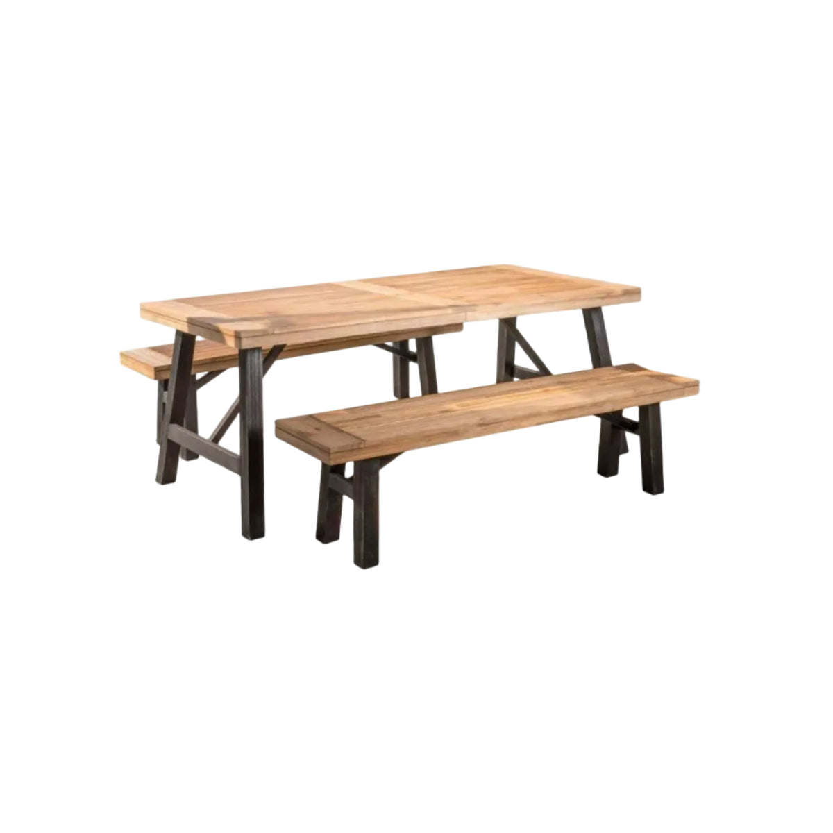Acacia Wood Outdoor Dining Set with 2 Benches & Slat‑Panel Table – Light Brown