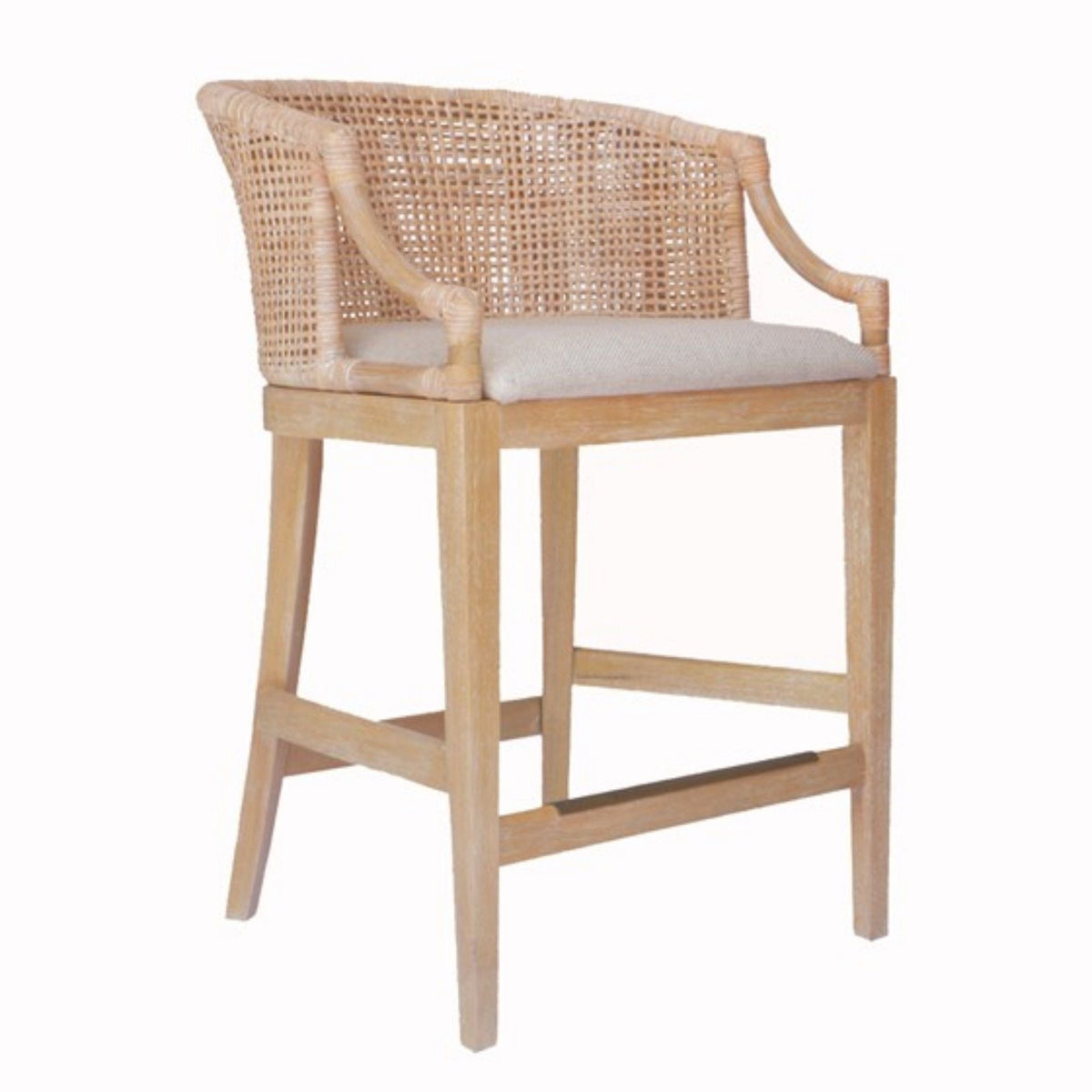 Handcrafted Natural Rattan Counter Stool – Solid Wood Legs, Cushioned Seat & Whitewash Option
