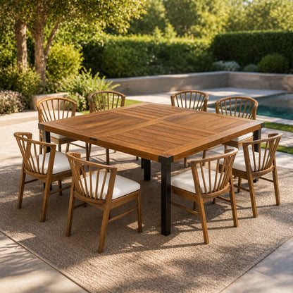 Acacia Wood Outdoor Patio Dining Set with Windsor Slat‑Back Chairs — 9‑Piece