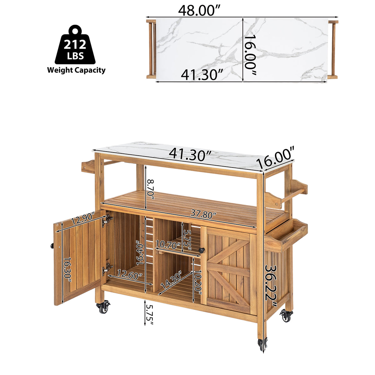 Acacia Wood Outdoor Bar Cart with Marble-Effect Worktop
