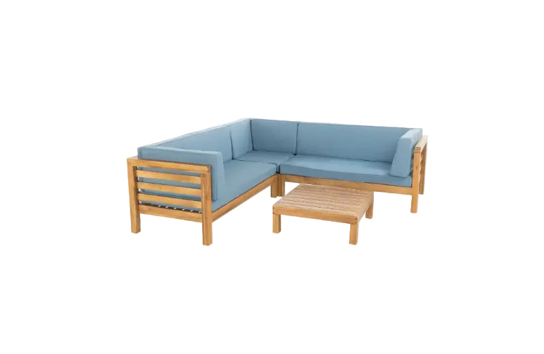 Oana Outdoor Wooden Sectional Set With Cushions, Blue