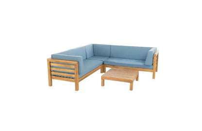 Oana Outdoor Wooden Sectional Set With Cushions, Blue