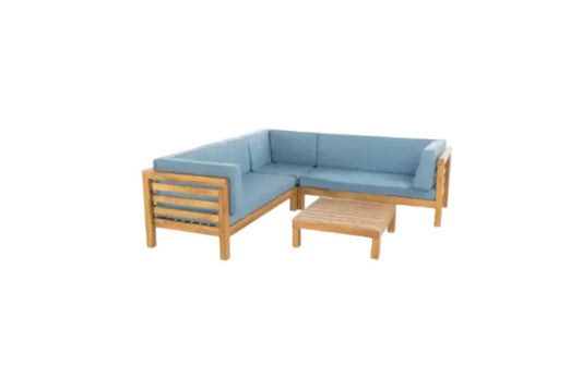 Oana Outdoor Acacia Wood Sectional Set With Blue Cushions 4-Piece