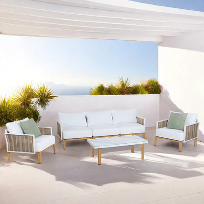 Vine 4‑Piece Outdoor Conversation Set with Convertible Sectionals & Marble‑Design Table – White