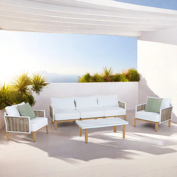 Vine 4‑Piece Outdoor Conversation Set with Convertible Sectionals & Marble‑Design Table – White