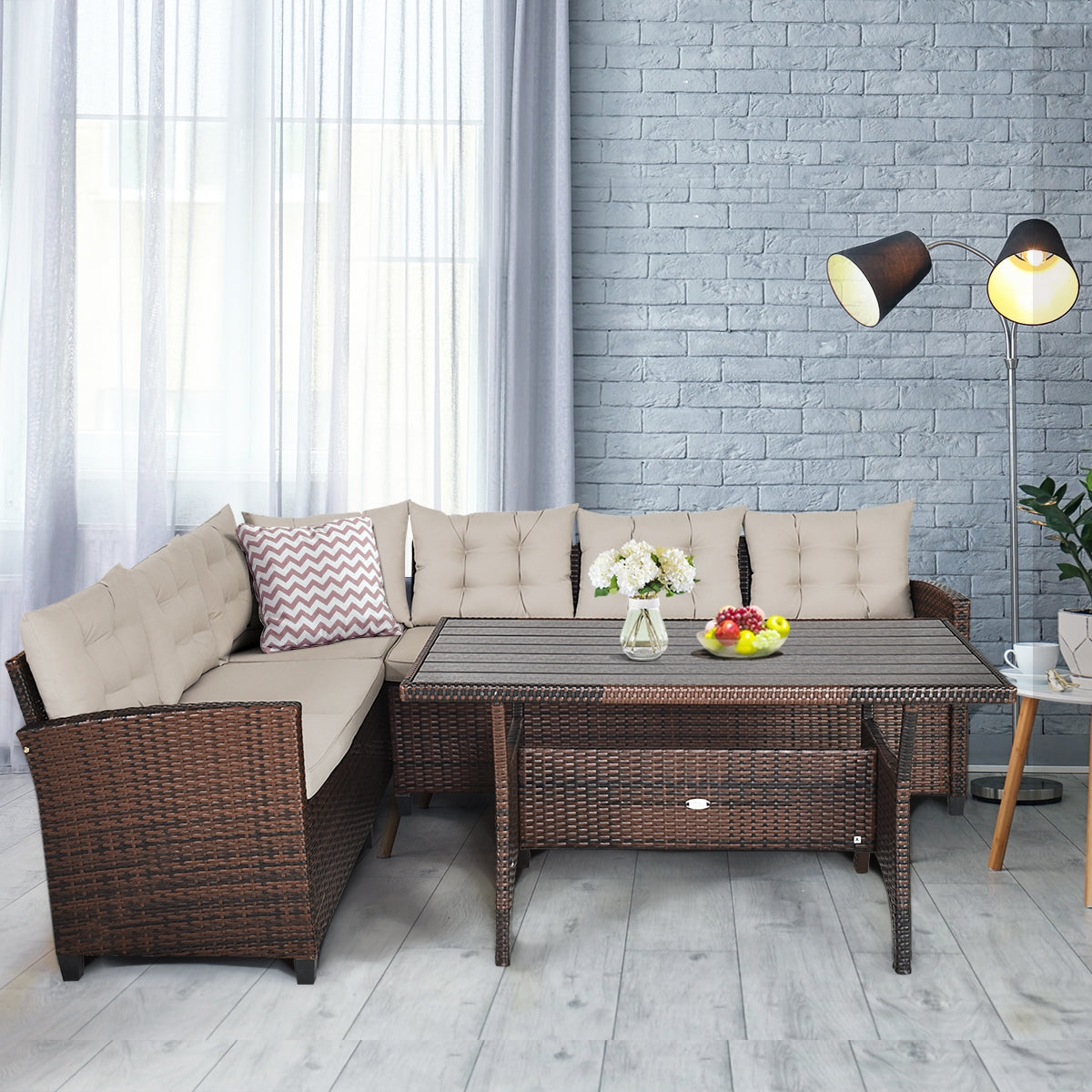 Hand‑Woven Rattan Outdoor Sofa Set with Dining Table — 3‑Piece