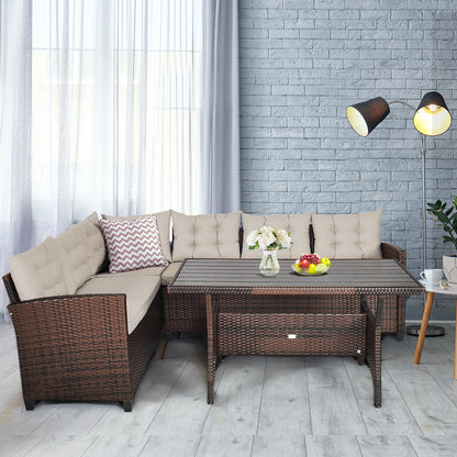 Hand‑Woven Rattan Outdoor Sofa Set with Dining Table — 3‑Piece