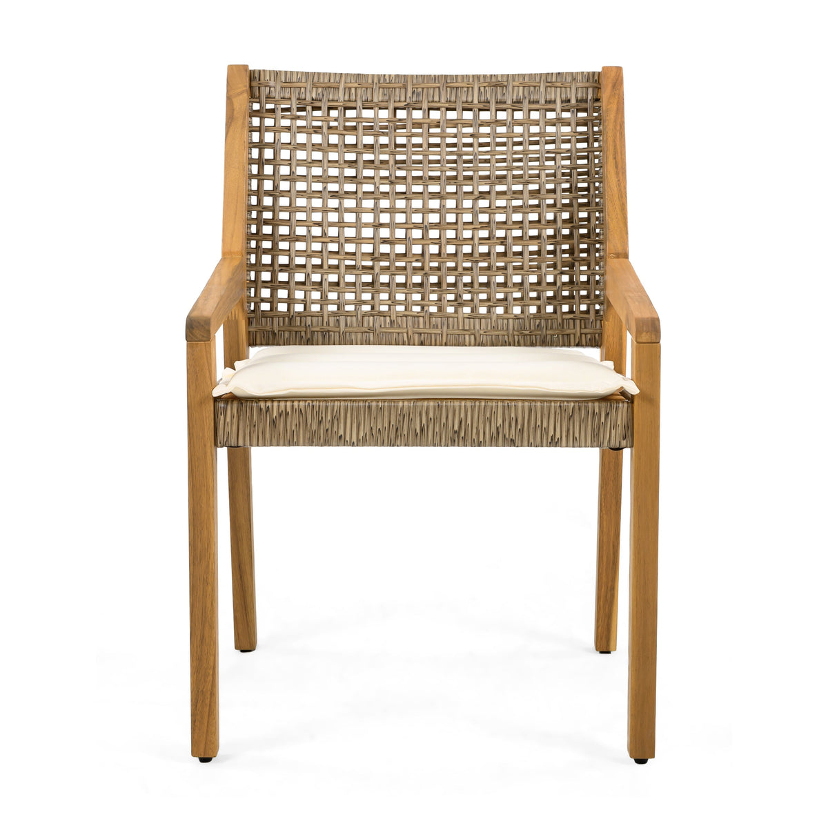 Acacia Wood & Wicker Outdoor Dining Chair Set of 4 with Cream Cushions