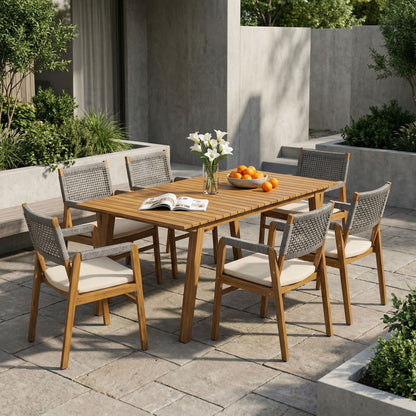 Outdoor 7 Pieces Patio Slat Design Acacia Upholstered Dining Set