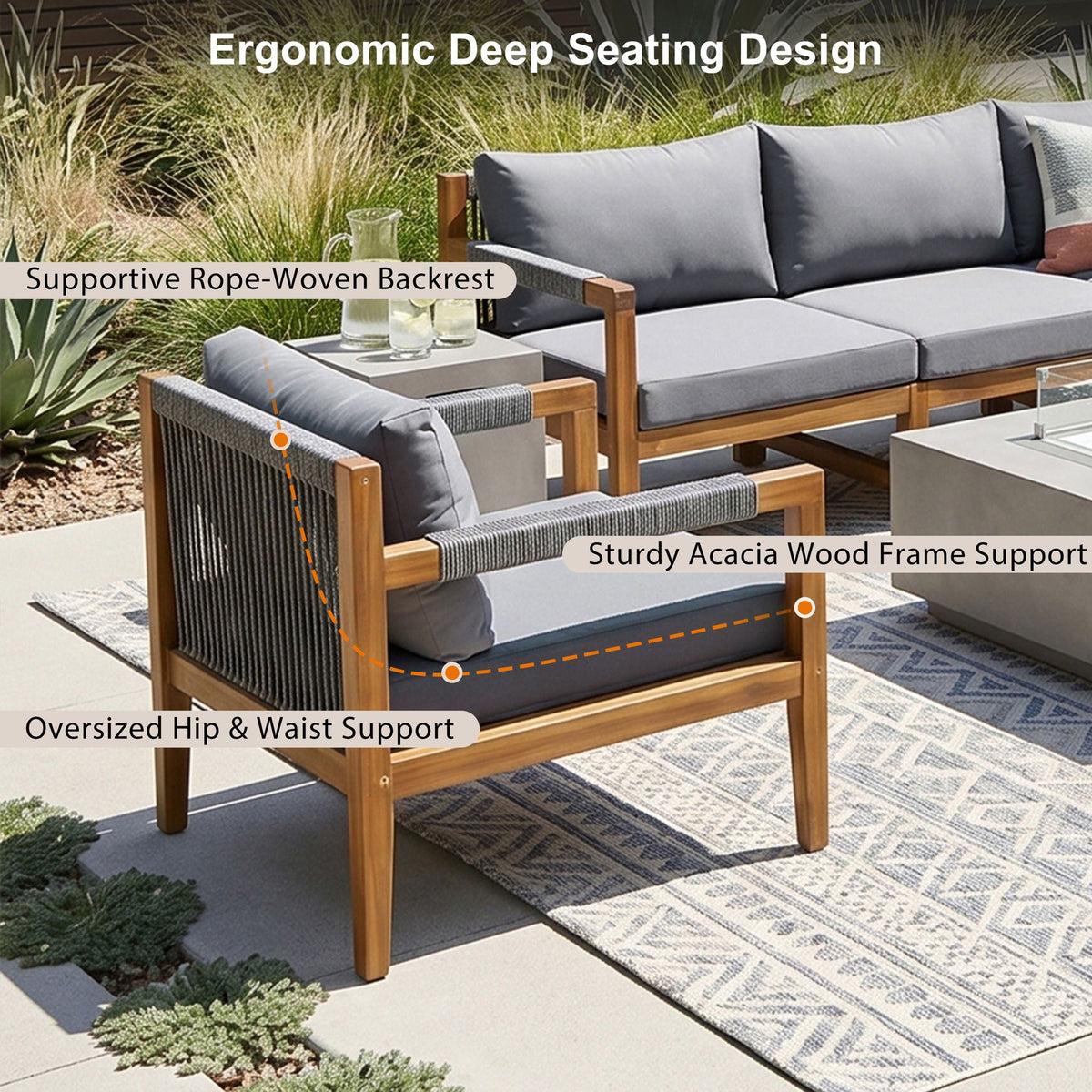 Acacia Wood Outdoor Modular Seating Set with Rope Accents & Water‑Resistant Cushions – 3‑Piece