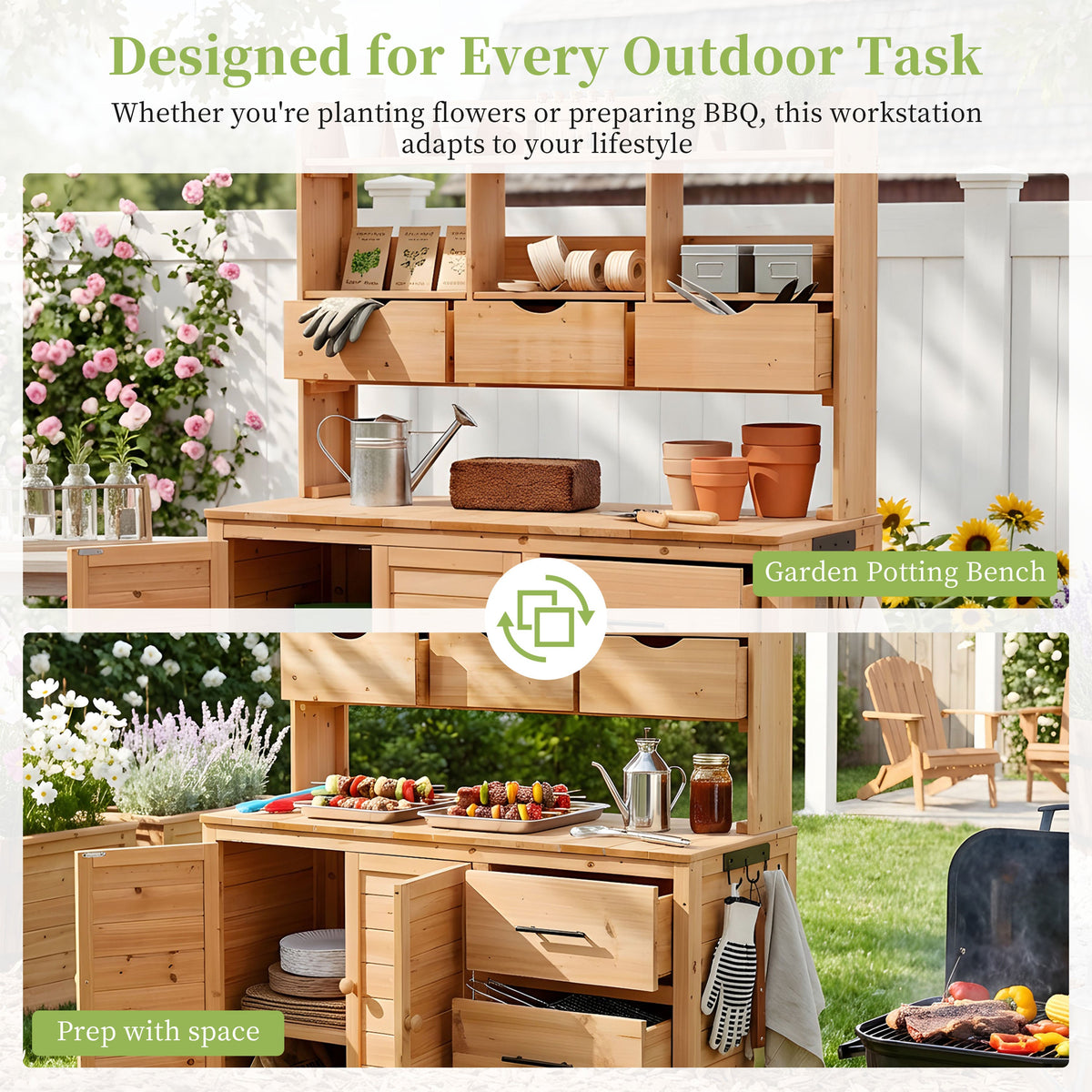 TOPMAX 65" Farmhouse Wooden Garden Potting Bench – 6 Drawers, Storage Cabinet & Adjustable Shelf