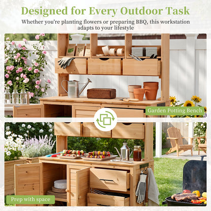 TOPMAX 65" Farmhouse Wooden Garden Potting Bench – 6 Drawers, Storage Cabinet & Adjustable Shelf
