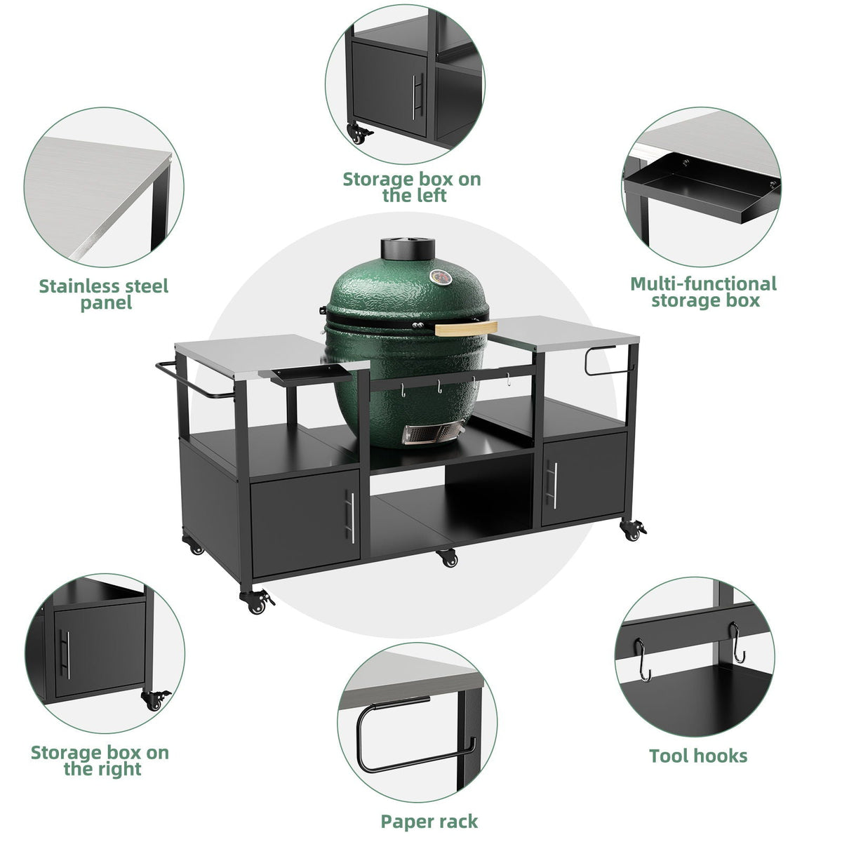 Outdoor Grill Table for Big Egg‑Style BBQ with Metal & Stainless Steel Cart and Storage — Black/Silver