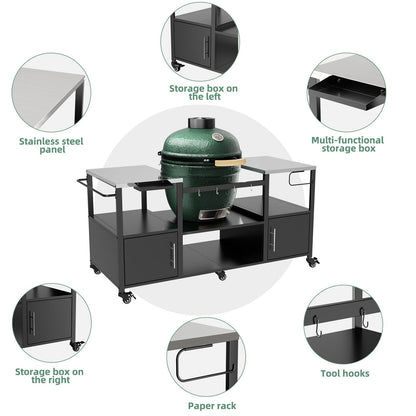 Outdoor Grill Table for Big Egg‑Style BBQ with Metal & Stainless Steel Cart and Storage — Black/Silver