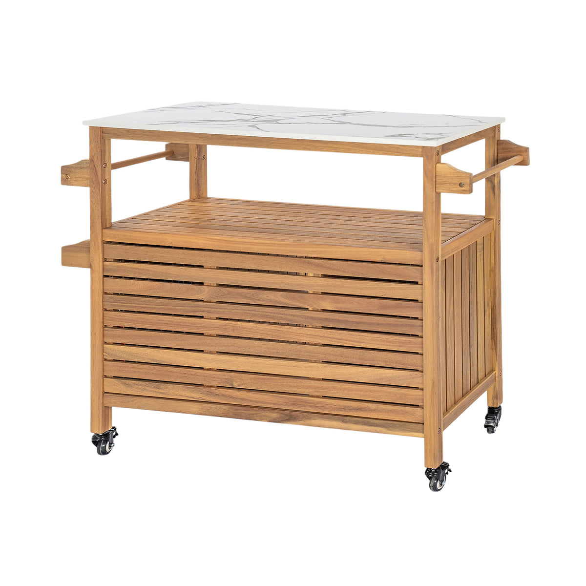 Acacia Wood Outdoor Bar Cart with Marble-Effect Worktop