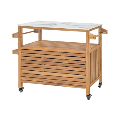Acacia Wood Outdoor Bar Cart with Marble-Effect Worktop