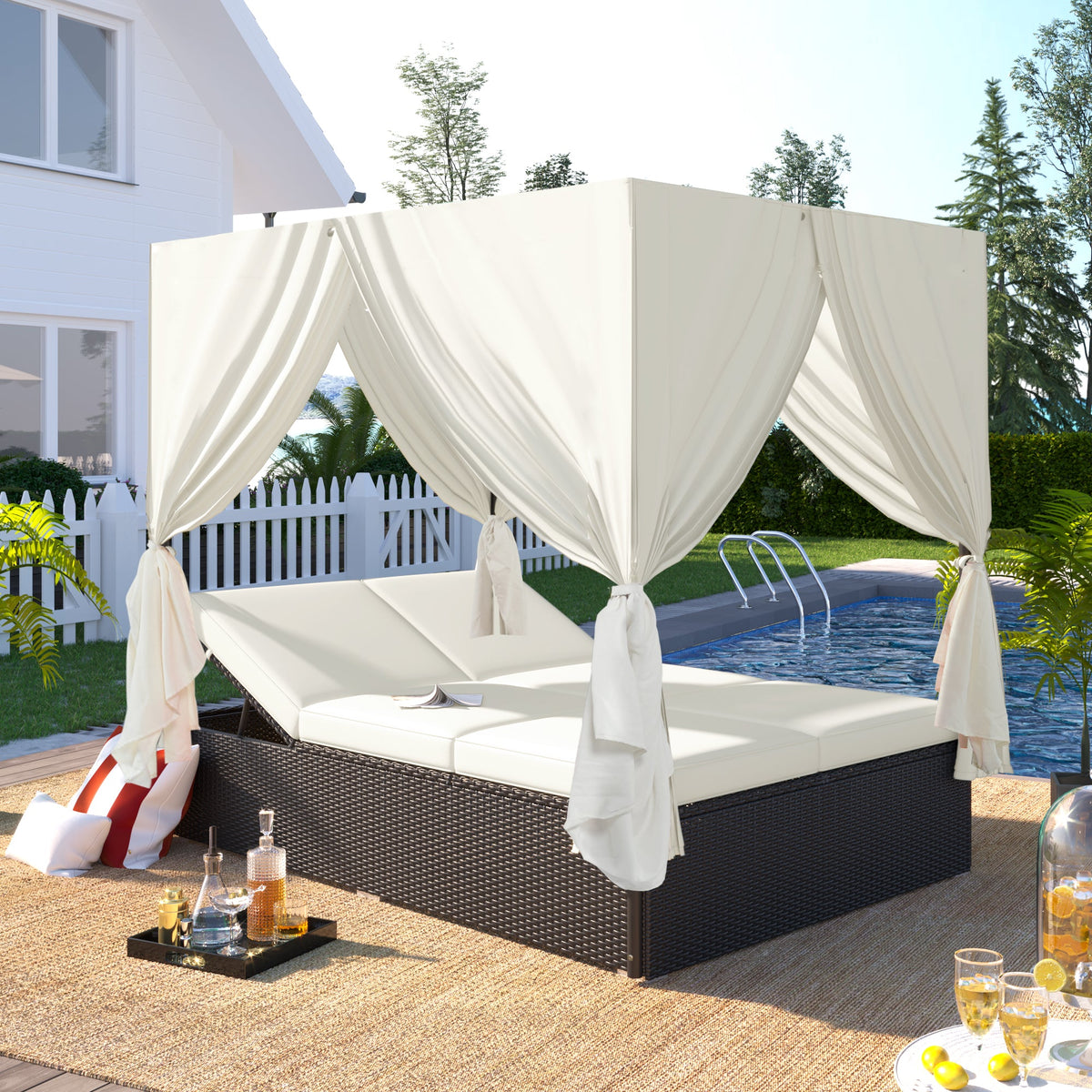 Outdoor Double Chaise Lounge Daybed with Adjustable Backrests and Curtains - Orange or Beige