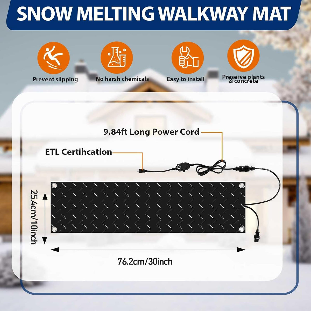 4 Pcs Heated Snow Melting Mats Outdoor, 10 X 30 in Winter Anti-Slip Heated Rubber Mat for Walkways Decks and Sidewalks, Electric Snow and Ice Melting Pads Connection with 9.84 Ft Power Cord