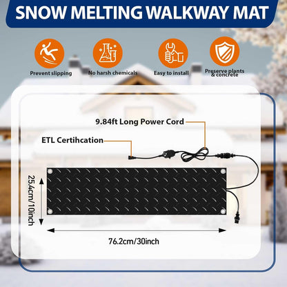 4 Pcs Heated Snow Melting Mats Outdoor, 10 X 30 in Winter Anti-Slip Heated Rubber Mat for Walkways Decks and Sidewalks, Electric Snow and Ice Melting Pads Connection with 9.84 Ft Power Cord