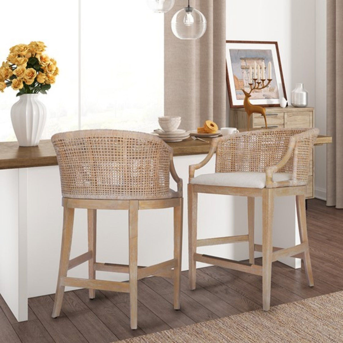 Handcrafted Natural Rattan Counter Stool – Solid Wood Legs, Cushioned Seat & Whitewash Option