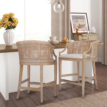 Handcrafted Natural Rattan Counter Stool – Solid Wood Legs, Cushioned Seat & Whitewash Option