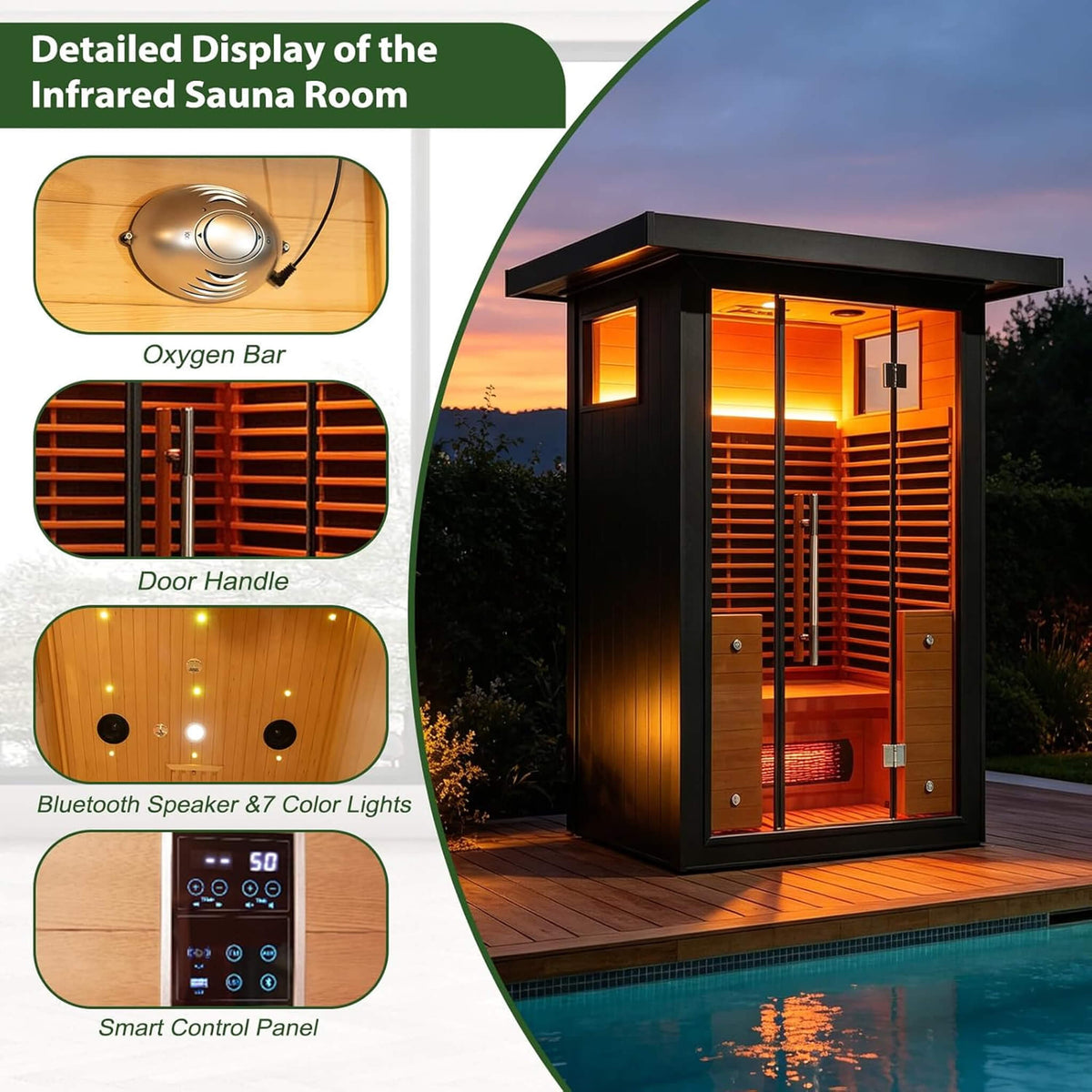 Lugano Outdoor Full‑Spectrum Infrared Sauna – 1750W Infrared, Panoramic Tempered Glass, Oxygen Bar & Smart Preheat