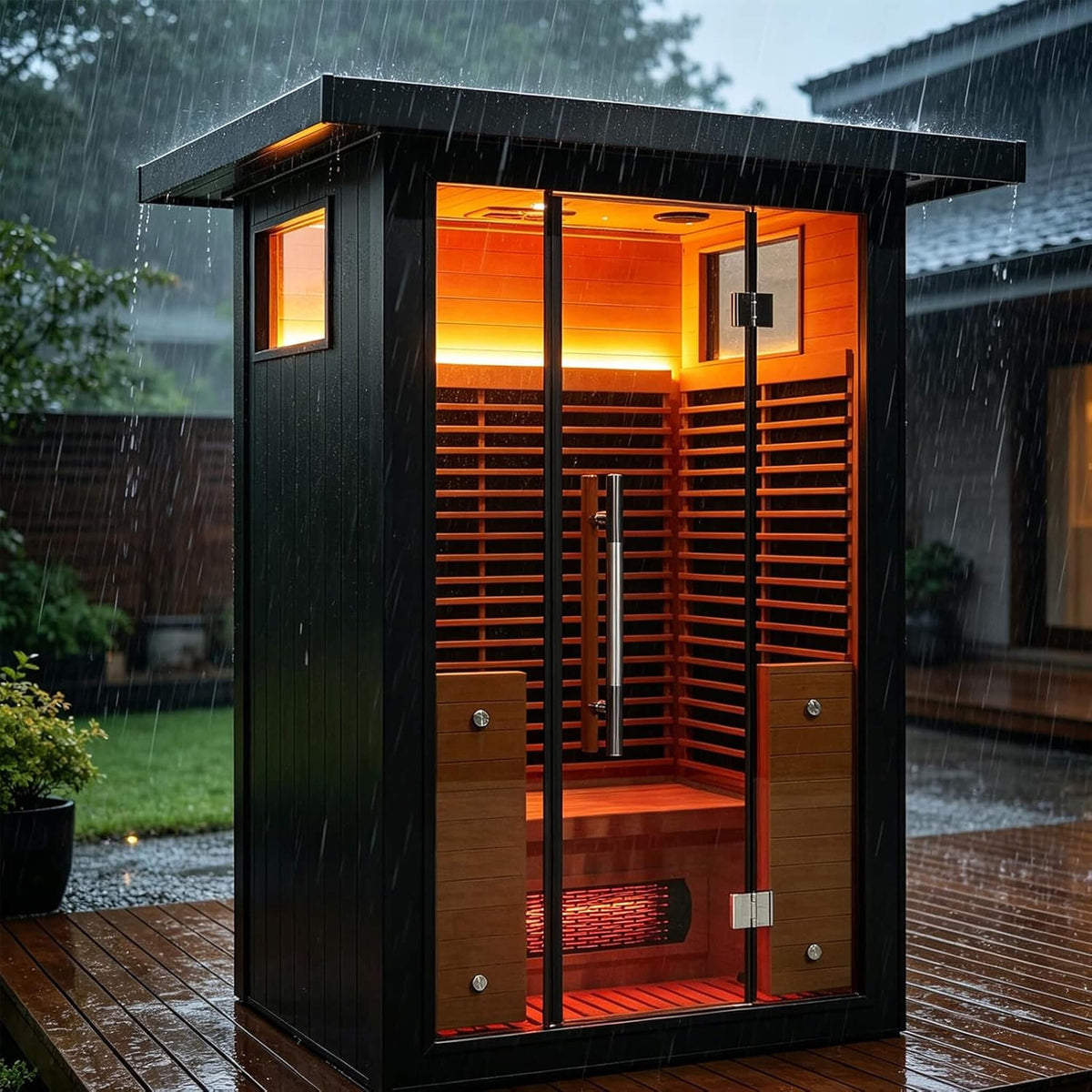 Lugano Outdoor Full‑Spectrum Infrared Sauna – 1750W Infrared, Panoramic Tempered Glass, Oxygen Bar & Smart Preheat