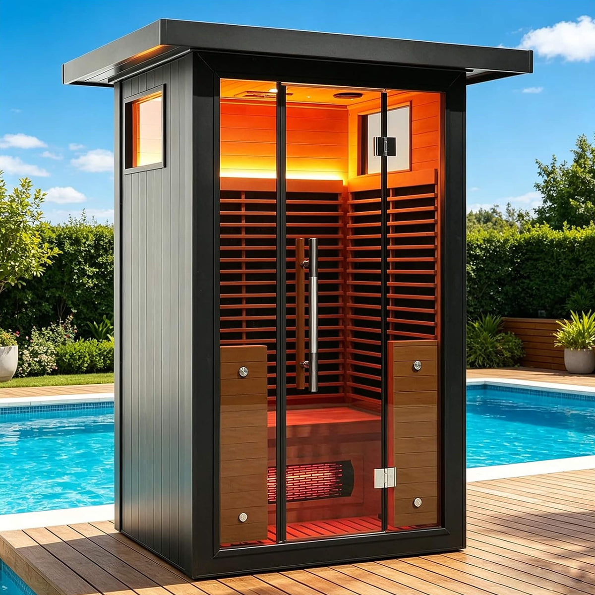 Lugano Outdoor Full‑Spectrum Infrared Sauna – 1750W Infrared, Panoramic Tempered Glass, Oxygen Bar & Smart Preheat