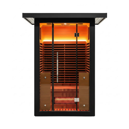 Lugano Outdoor Full‑Spectrum Infrared Sauna – 1750W Infrared, Panoramic Tempered Glass, Oxygen Bar & Smart Preheat