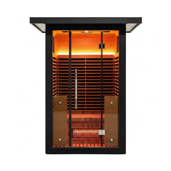 Lugano Outdoor Full‑Spectrum Infrared Sauna – 1750W Infrared, Panoramic Tempered Glass, Oxygen Bar & Smart Preheat