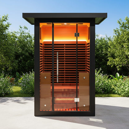 Lugano Outdoor Full‑Spectrum Infrared Sauna – 1750W Infrared, Panoramic Tempered Glass, Oxygen Bar & Smart Preheat