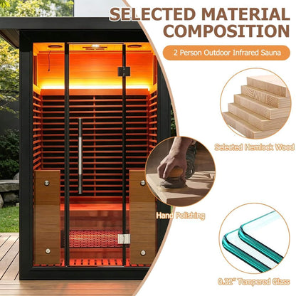 Lugano Outdoor Full‑Spectrum Infrared Sauna – 1750W Infrared, Panoramic Tempered Glass, Oxygen Bar & Smart Preheat
