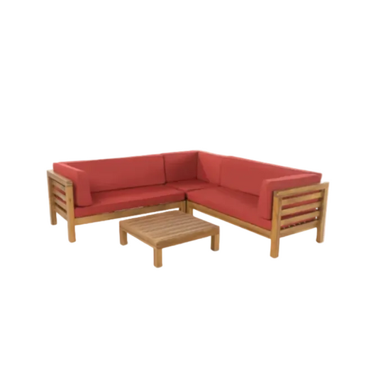 Oana Outdoor Wooden Sectional Set with Red Cushions 4-Piece