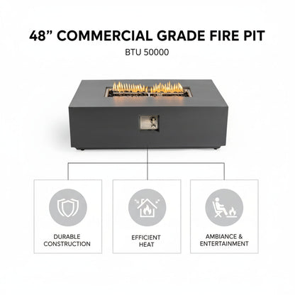 Volon 48" × 30" Rectangular Fiber‑Concrete Fire Pit Table – Light Gray - 50,000 BTU