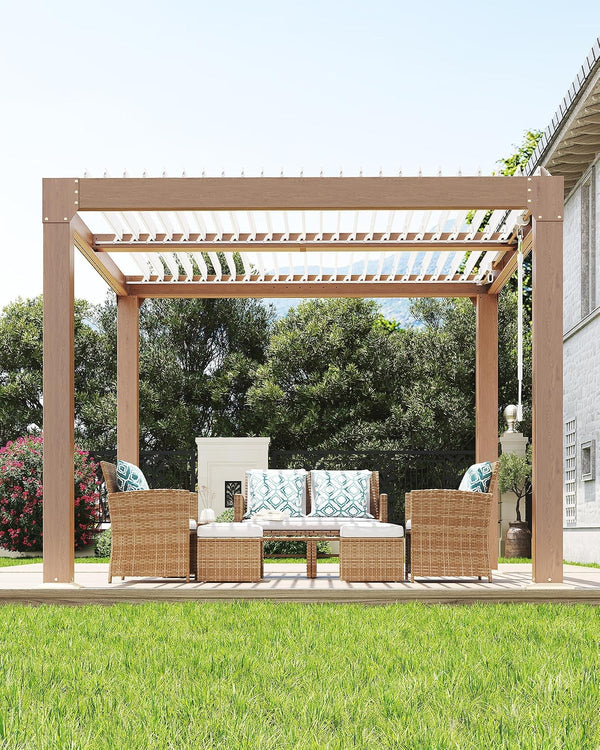 10' × 10' Wood‑Grain Aluminum Louvered Pergola – Adjustable Roof & Drainage