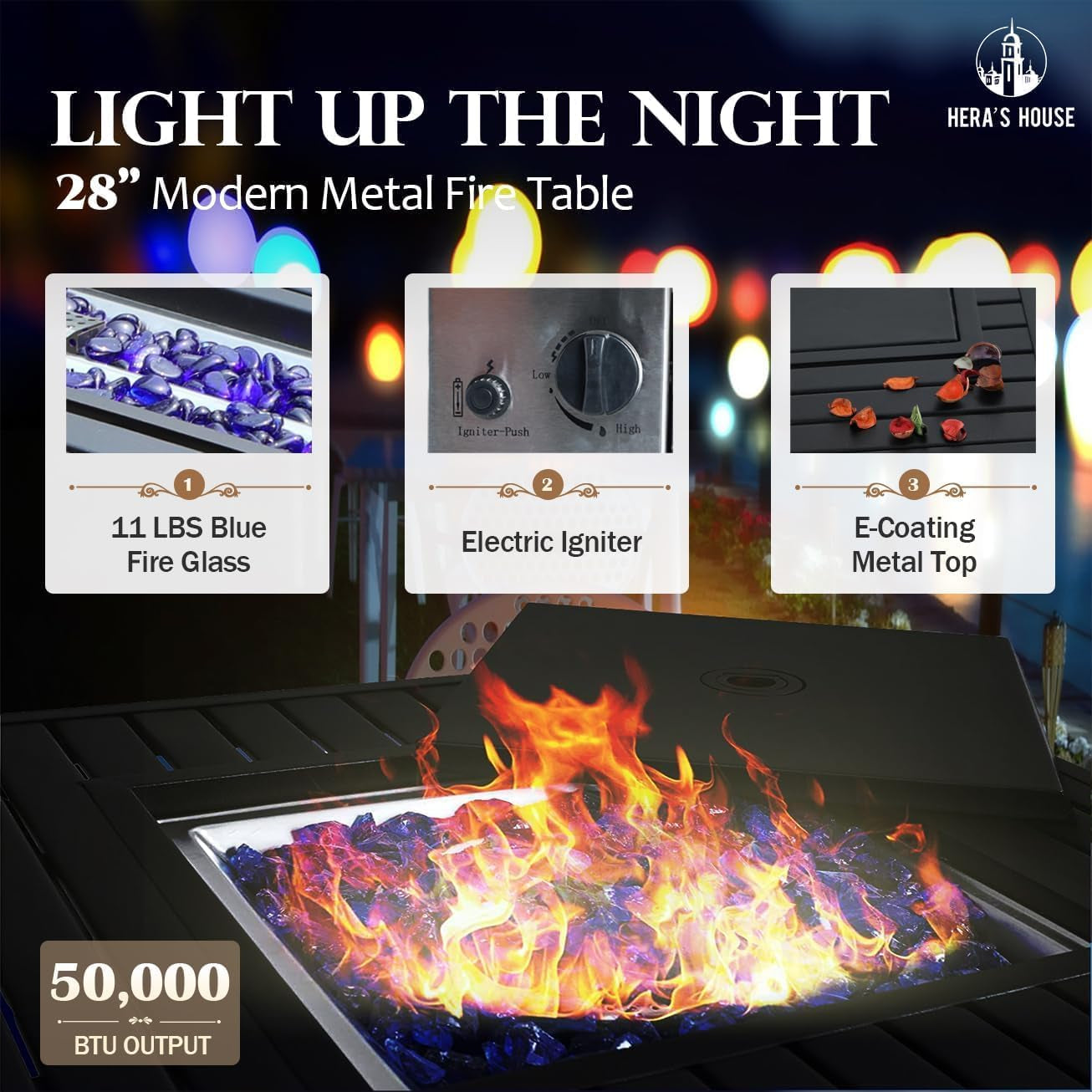 5 Pieces Patio Furniture Set with Fire Pit Table, 4 X Thick Cushioned Chairs, 1 X Fire Pit Table (50,000 BTU), All Weather Outdoor Conversation Set for Garden, Backyard, Lawn, Navy Blue