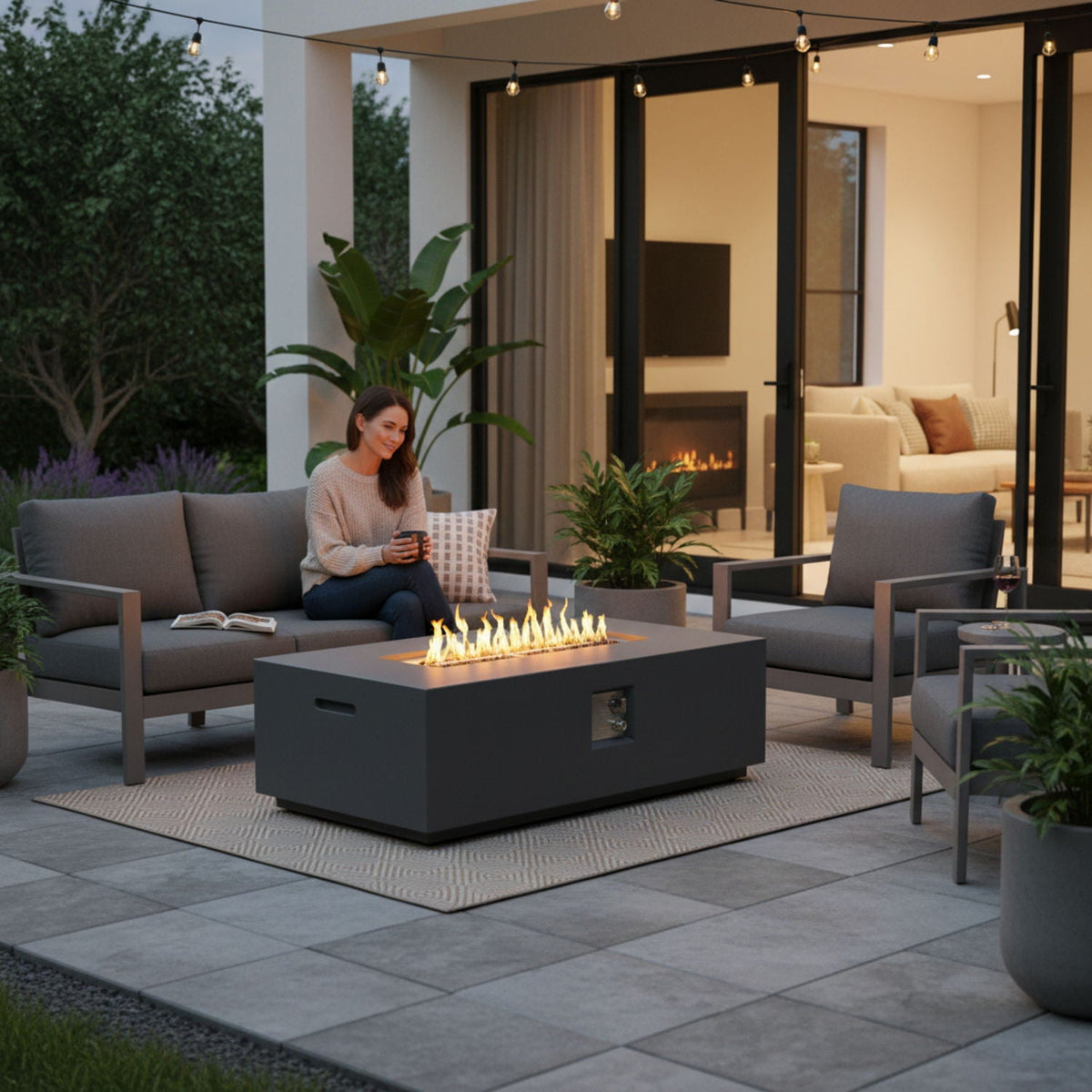 Volon 48" × 30" Rectangular Fiber‑Concrete Fire Pit Table – Light Gray - 50,000 BTU