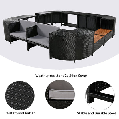 Spa Surround Outdoor Rattan Sectional Sofa Set – Built‑In Storage, Wooden Seats & Cushions (Beige or Gray)