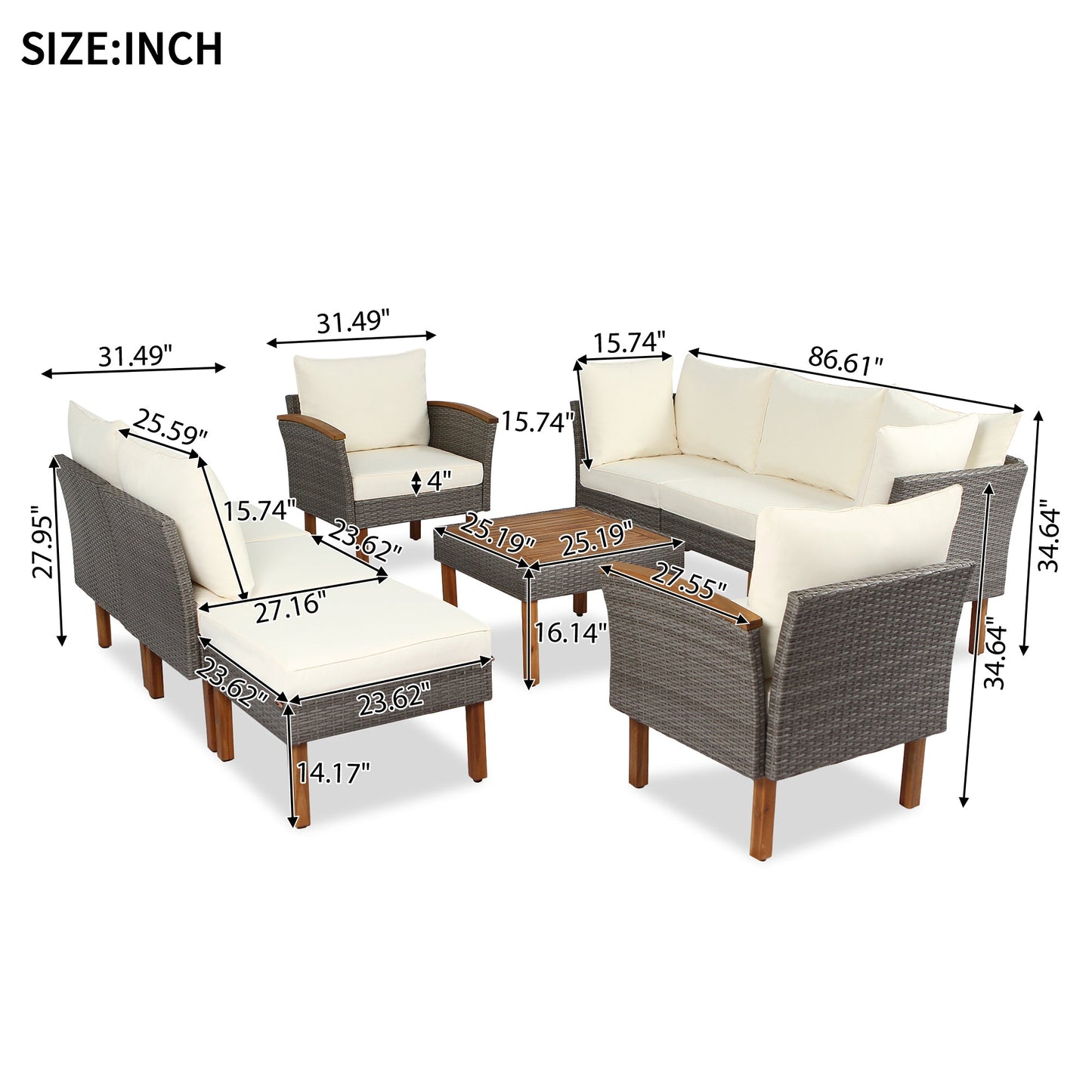 9-piece Patio rattan furniture set with Acacia wooden legs and tabletop sofa set
