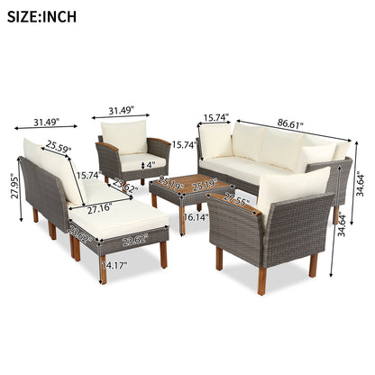 9-piece Patio rattan furniture set with Acacia wooden legs and tabletop sofa set