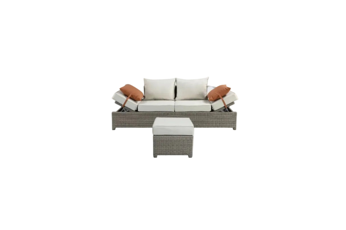 Salena All‑Weather Wicker Patio Sofa & Ottoman with Toss Pillows – Beige / Gray