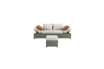 Salena All‑Weather Wicker Patio Sofa & Ottoman with Toss Pillows – Beige / Gray