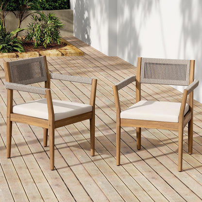 raided Acacia Outdoor Dining Chair Set of 4 — Teak Look with Beige Rope & Cream Cushions