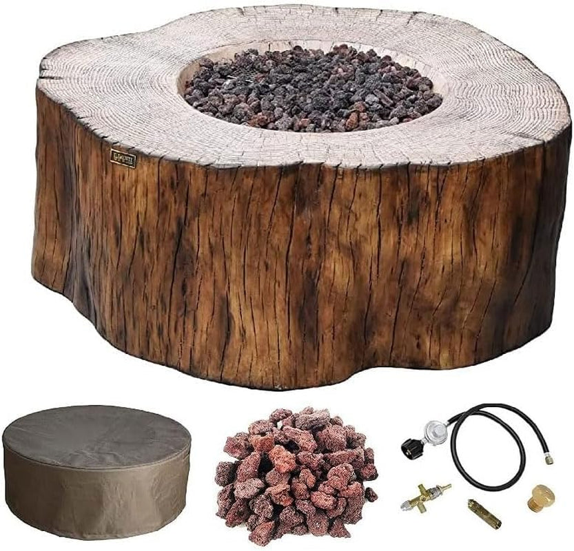 Elementi | Manchester Gas Fire Pit Cast Concrete Semi-Round Fire Table, Outdoor Fire Pit Electronic Ignition | Canvas Cover, Lava Rock Included | Red Wood (Propane Gas)