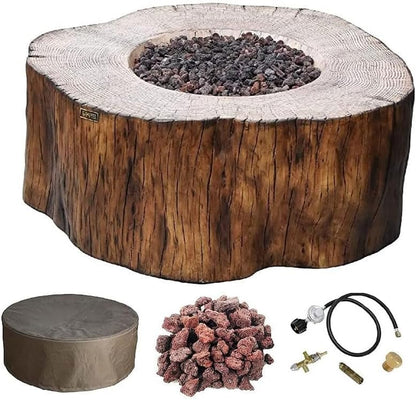 Elementi | Manchester Gas Fire Pit Cast Concrete Semi-Round Fire Table, Outdoor Fire Pit Electronic Ignition | Canvas Cover, Lava Rock Included | Red Wood (Propane Gas)